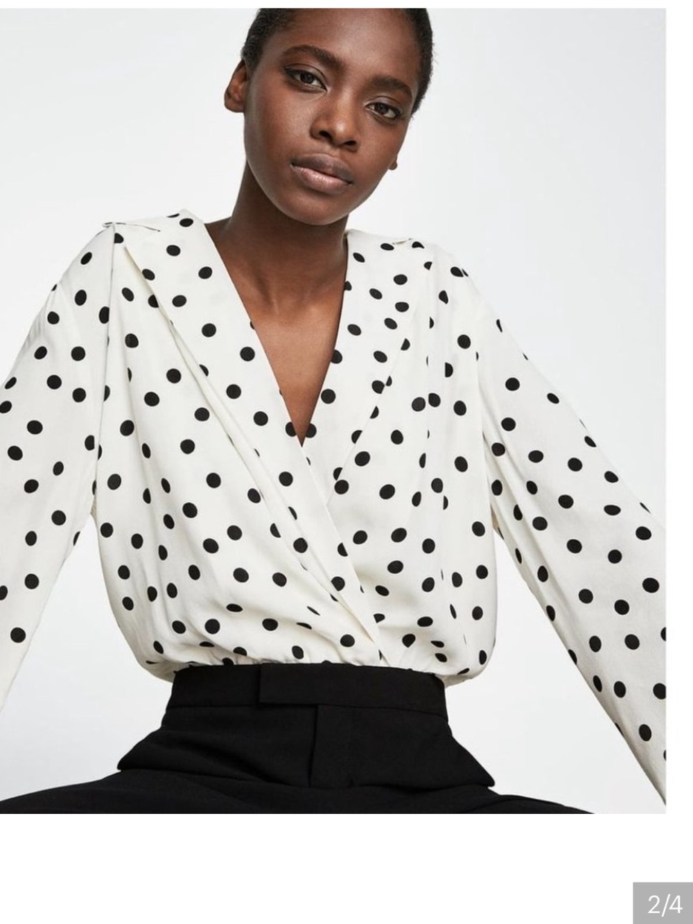 Zara White and Black Polka Dot Faux-Wrap Blouse